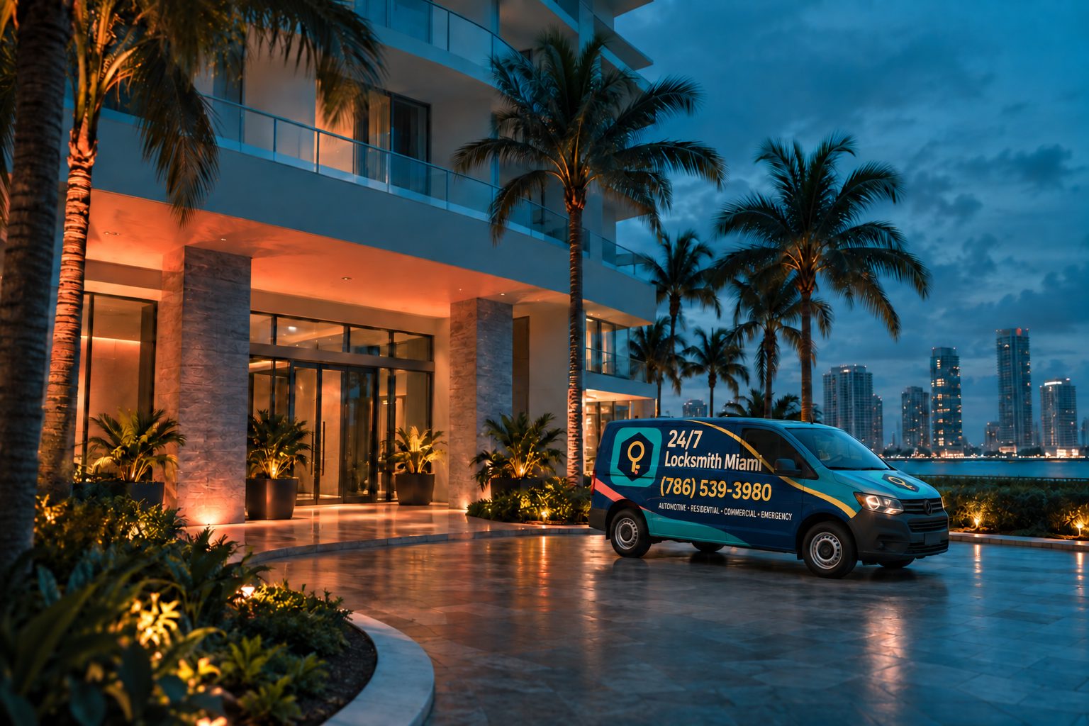 24/7 Locksmith Miami service van with a teal and navy wrap, logo, and (786) 539-3980 phone number